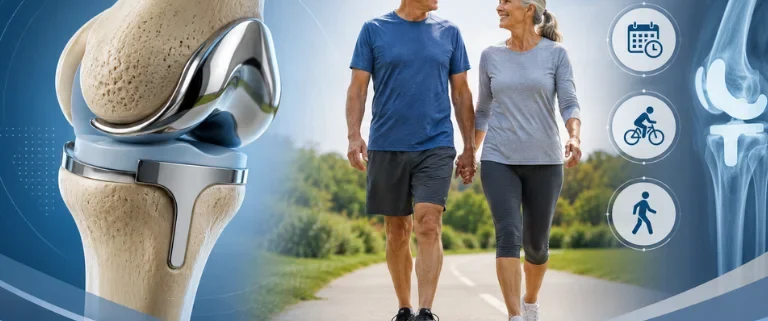 Orthopedic surgeon explaining knee replacement lifespan to a patient with knee arthritis.