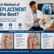 Which Hip Replacement Method Is Best | Orthopedic surgeon explaining different hip replacement surgical approaches to a patient with hip arthritis during a consultation.