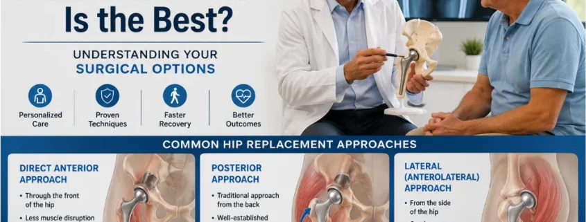 Which Hip Replacement Method Is Best | Orthopedic surgeon explaining different hip replacement surgical approaches to a patient with hip arthritis during a consultation.
