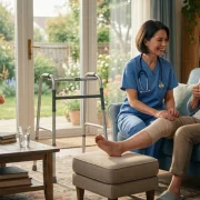 Patient walking with assistance after same day hip or knee replacement