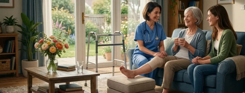Patient walking with assistance after same day hip or knee replacement